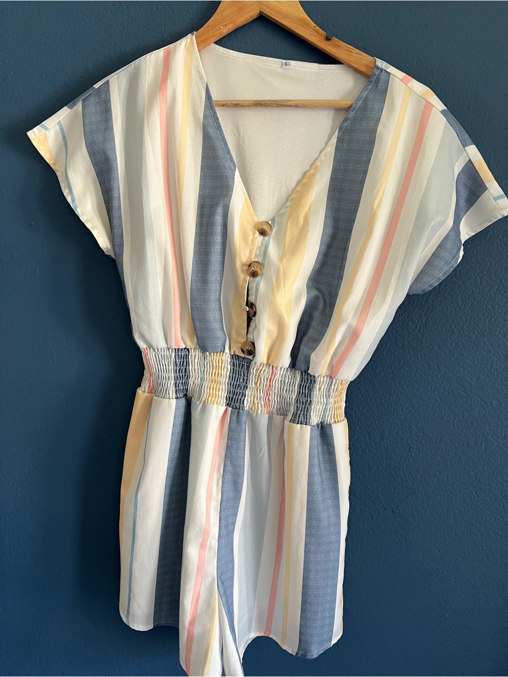 Vintage Pastel Stripe Short Sleeve Romper in Blue, Pink, Yellow, Cream